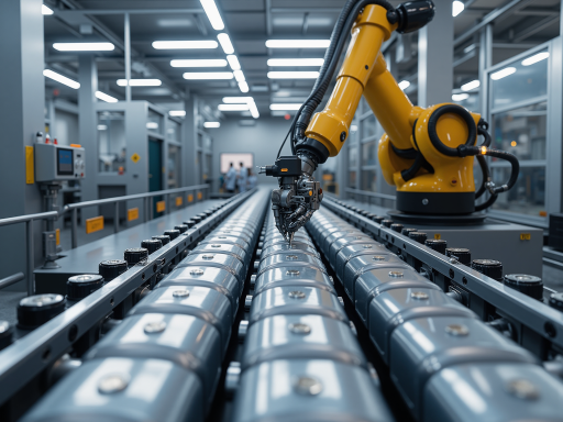 现代化自动生产线场景，机械臂在组装产品，传送带输送物料，明亮自然光