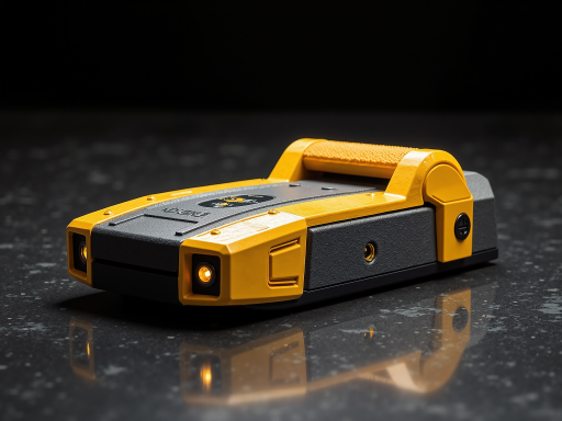 白色条码阅读器设备，带有LED指示灯，放置在桌面上，黑色背景