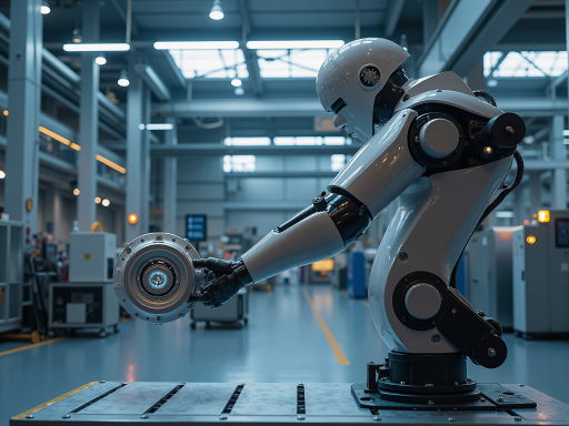 现代化工厂内部场景，工业机器人在生产线上工作，工人正在监控设备运行状态，蓝色背景